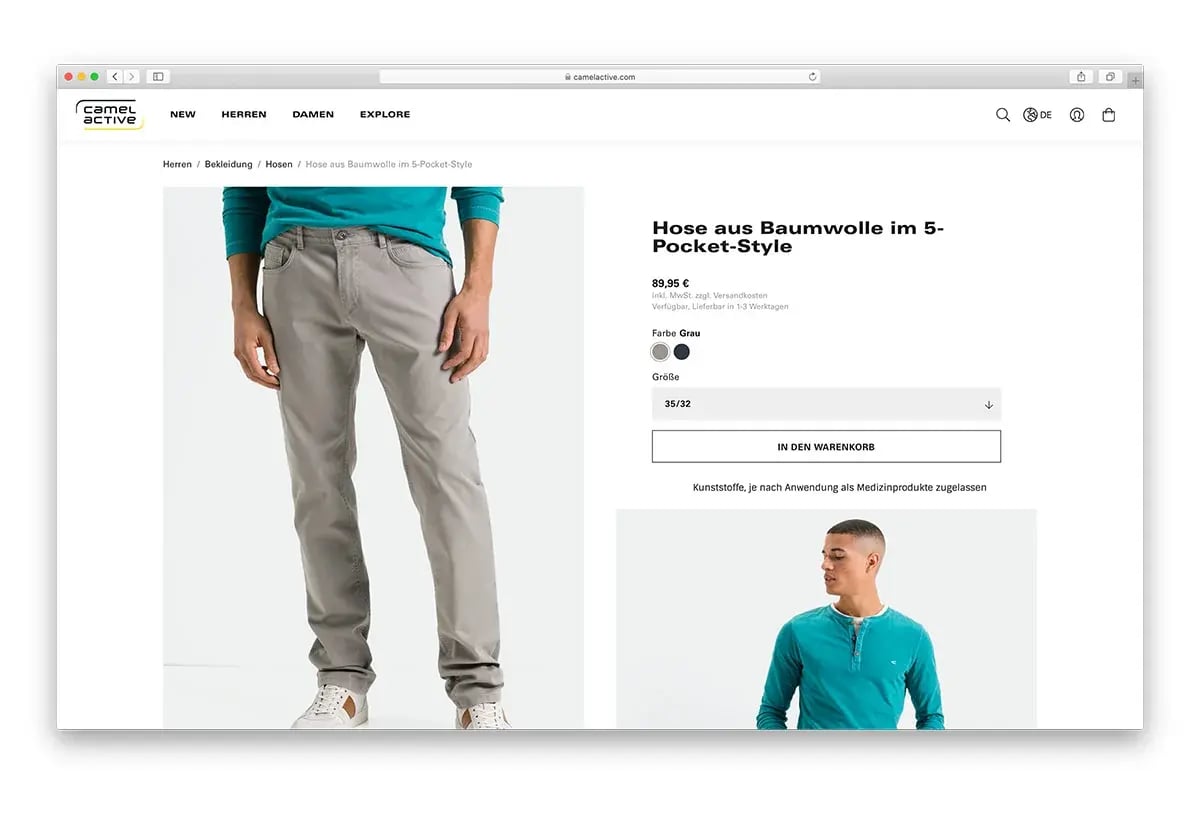 Screenshot von der Bestellübersicht einer Hose der Marke Camel Aktive